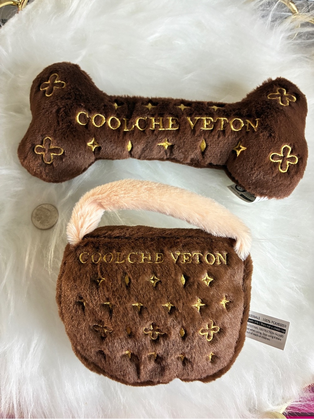 COOLCHE VETON Plush Bone & Mini Handbag Dog Toys - Brown & Gold